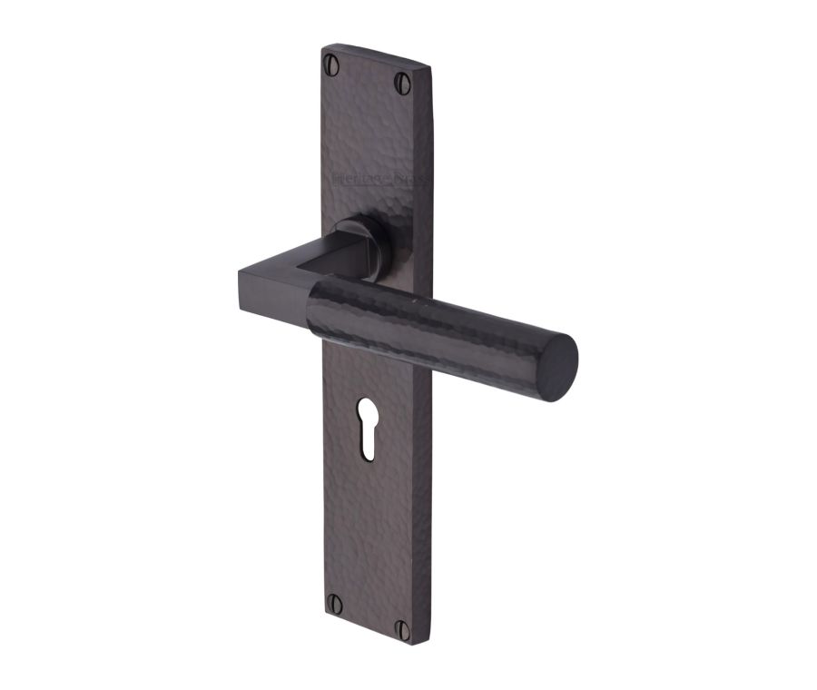 Heritage Brass Matt Bronze Bauhaus Hammered Door Handle on Plate - Lever Lock