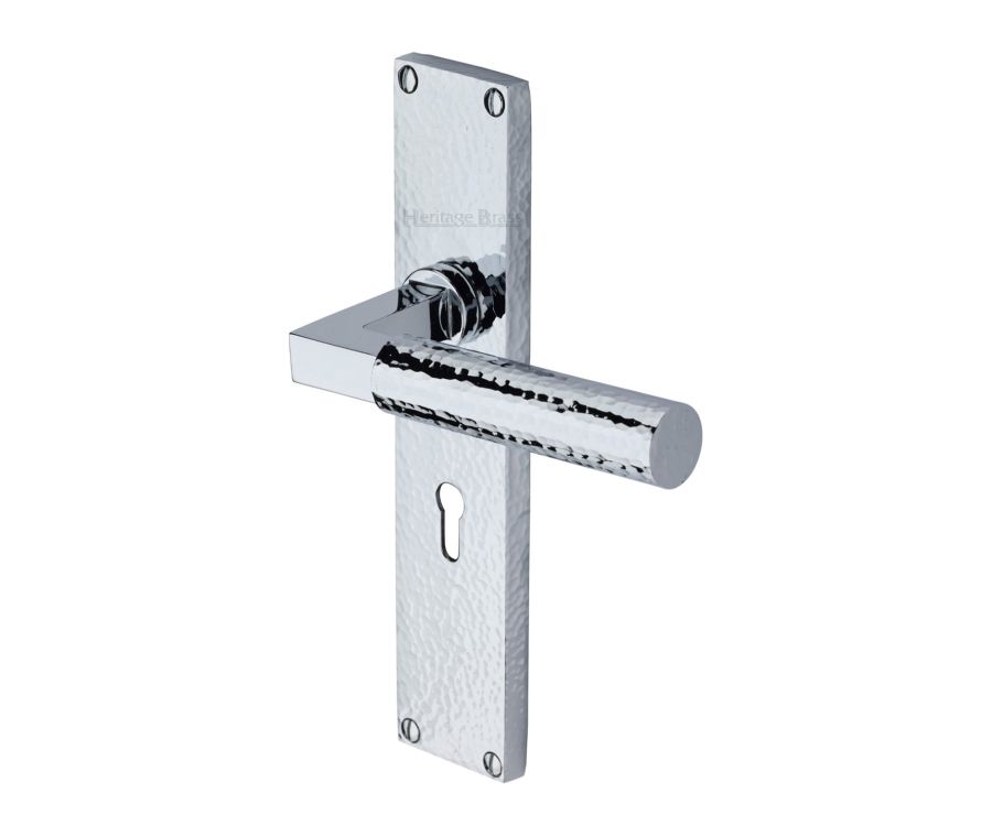 Heritage Brass Polished Chrome Bauhaus Hammered Door Handle on Plate - Lever Lock
