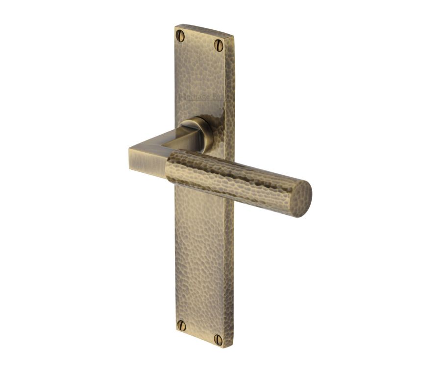 Heritage Brass Antique Brass Bauhaus Hammered Door Handle on Plate - Lever Latch