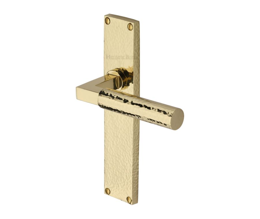Heritage Brass Polished Brass Bauhaus Hammered Door Handle on Plate - Lever Latch