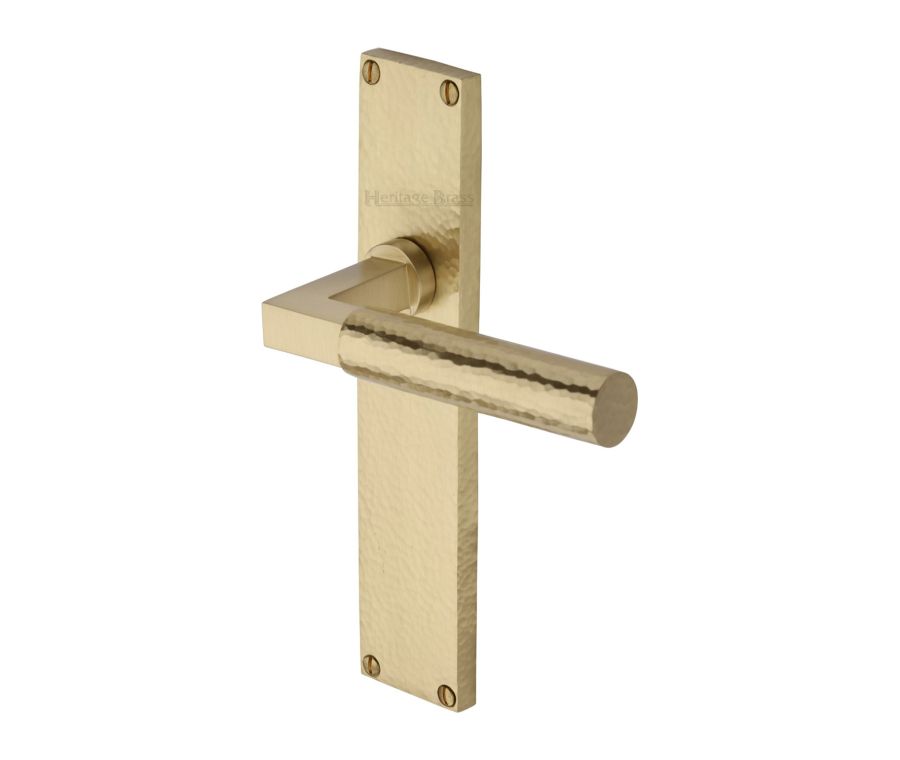Heritage Brass Satin Brass Bauhaus Hammered Door Handle on Plate - Lever Latch