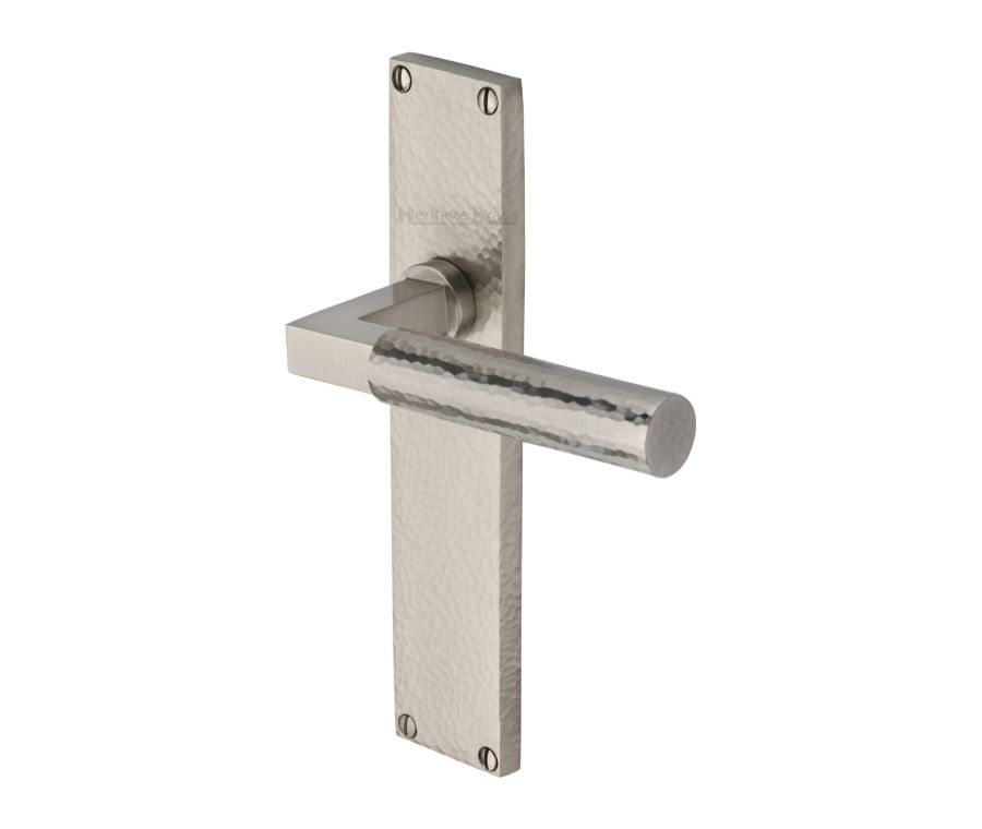 Heritage Brass Satin Nickel Bauhaus Hammered Door Handle on Plate - Lever Latch