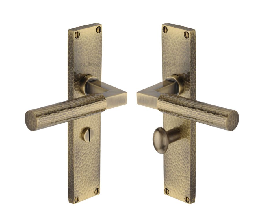 Heritage Brass Antique Brass Bauhaus Hammered Door Handle on Plate - Bathroom Set