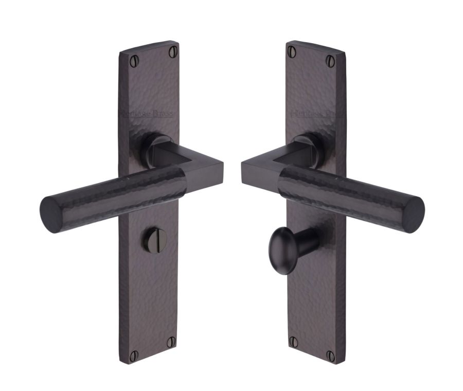 Heritage Brass Matt Bronze Bauhaus Hammered Door Handle on Plate - Bathroom Set