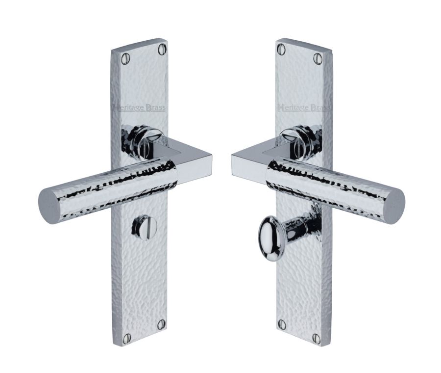 Heritage Brass Polished Chrome Bauhaus Hammered Door Handle on Plate - Bathroom Set