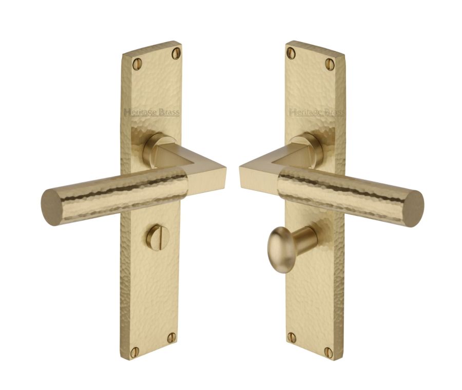 Heritage Brass Satin Brass Bauhaus Hammered Door Handle on Plate - Bathroom Set