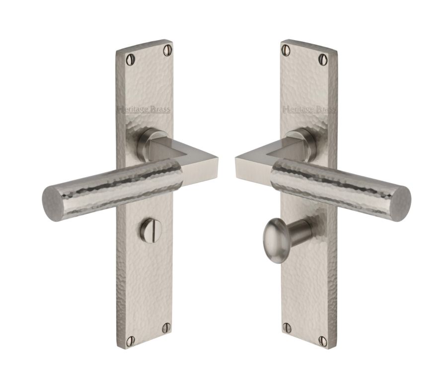 Heritage Brass Satin Nickel Bauhaus Hammered Door Handle on Plate - Bathroom Set