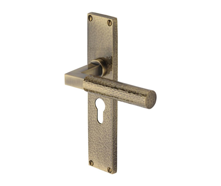 Heritage Brass Antique Brass Bauhaus Hammered Door Handle on Plate - Euro Profile