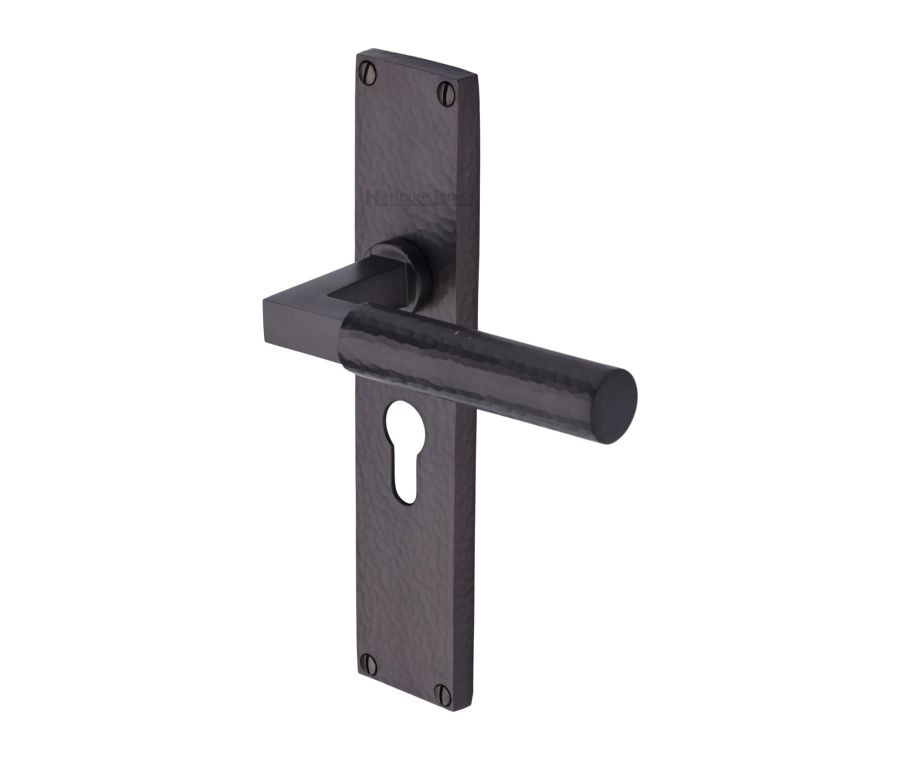 Heritage Brass Matt Bronze Bauhaus Hammered Door Handle on Plate - Euro Profile
