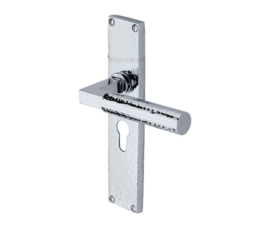 Heritage Brass Polished Chrome Bauhaus Hammered Door Handle on Plate - Euro Profile