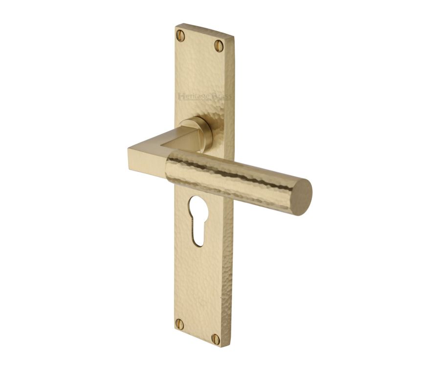 Heritage Brass Satin Brass Bauhaus Hammered Door Handle on Plate - Euro Profile