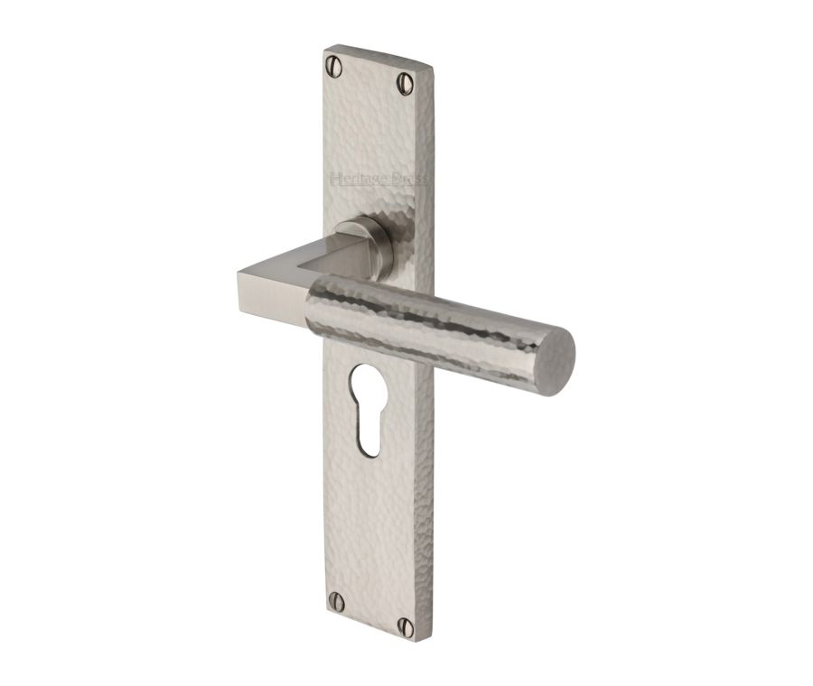 Heritage Brass Satin Nickel Bauhaus Hammered Door Handle on Plate - Euro Profile