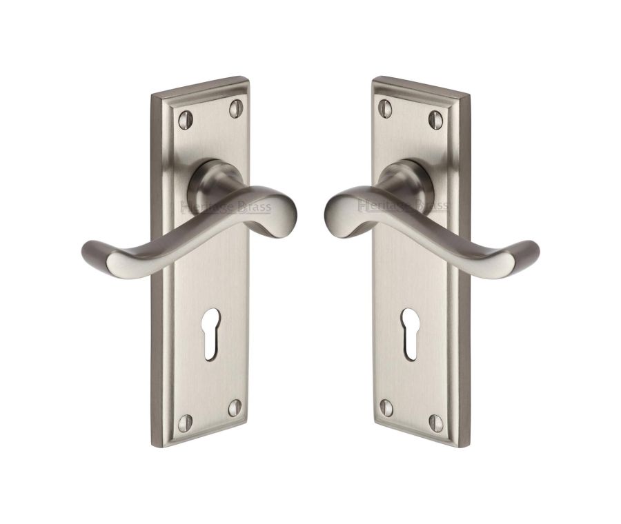 Heritage Brass Satin Nickel Edwardian Door Handle on Plate - Lever Lock