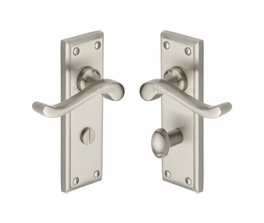 Heritage Brass Satin Nickel Edwardian Door Handle on Plate - Bathroom Set
