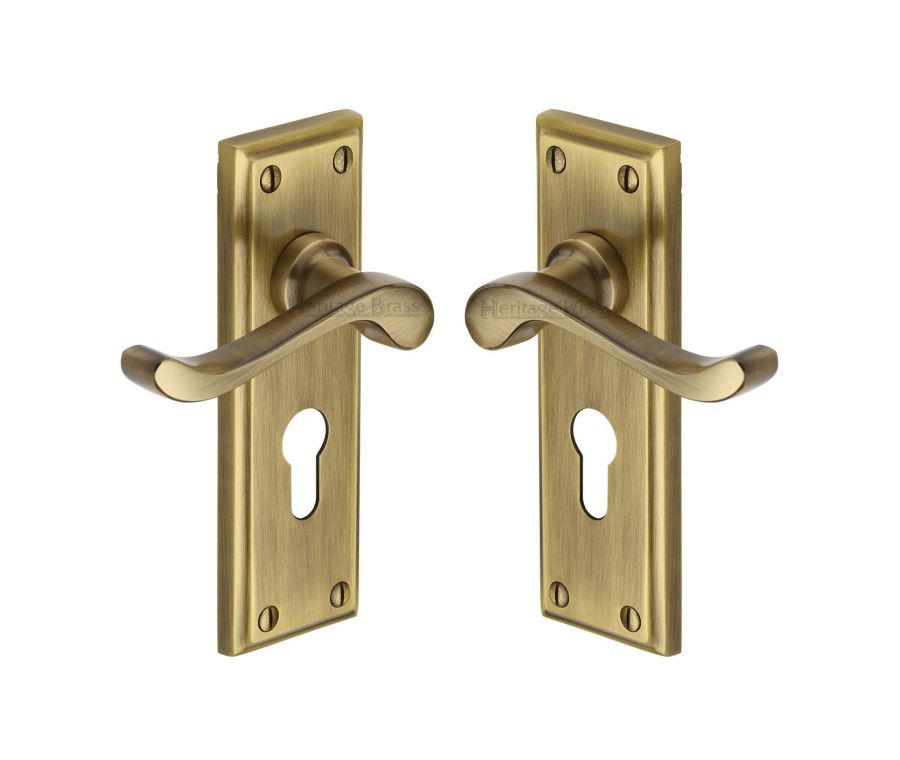 Heritage Brass Antique Brass Edwardian Door Handle on Plate - Euro Profile