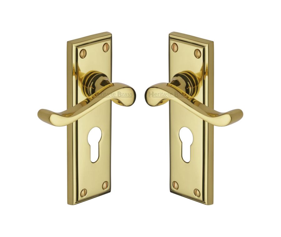 Heritage Brass Polished Brass Edwardian Door Handle on Plate - Euro Profile