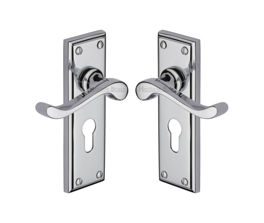 Heritage Brass Polished Chrome Edwardian Door Handle on Plate - Euro Profile