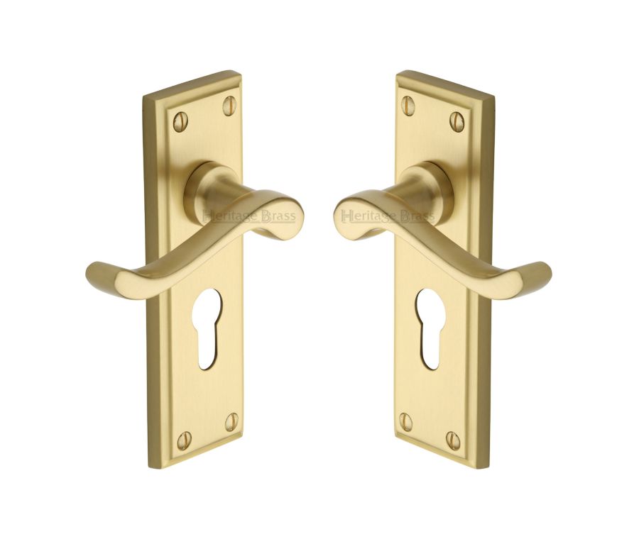 Heritage Brass Satin Brass Edwardian Door Handle on Plate - Euro Profile