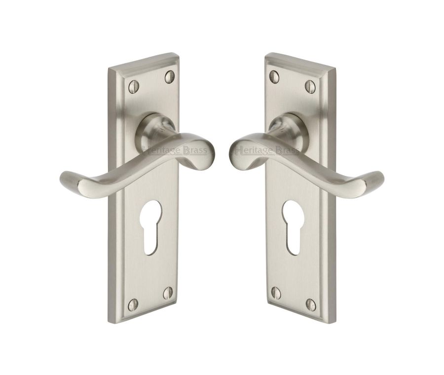 Heritage Brass Satin Nickel Edwardian Door Handle on Plate - Euro Profile