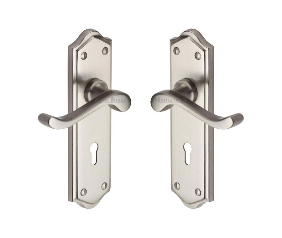Heritage Brass Satin Nickel Buckingham Door Handle on Plate - Lever Lock