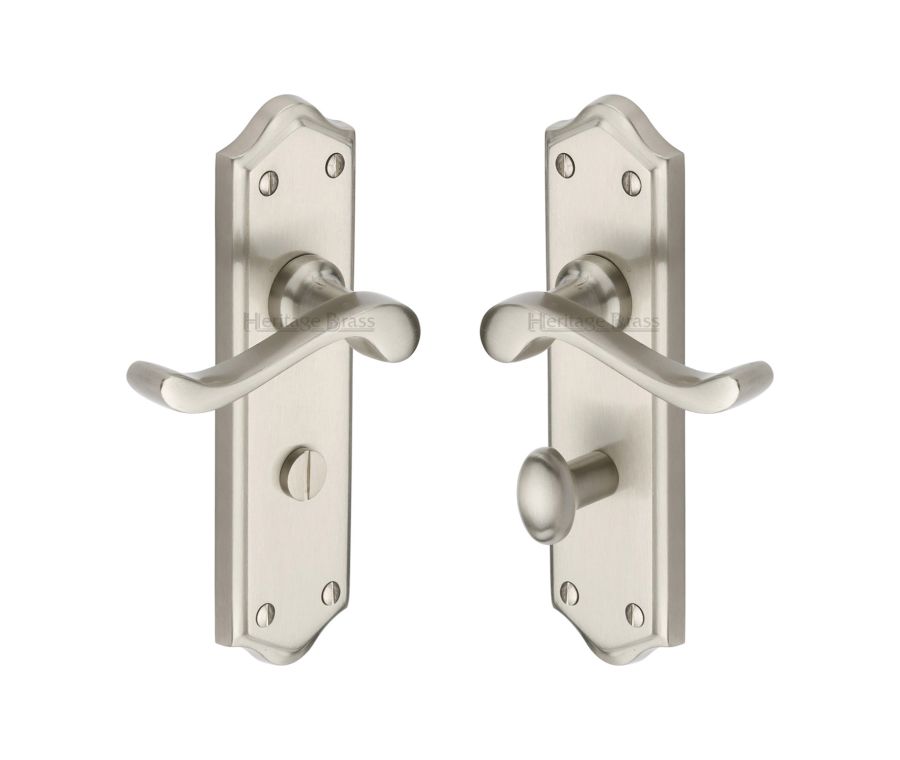 Heritage Brass Satin Nickel Buckingham Door Handle on Plate - Bathroom Set