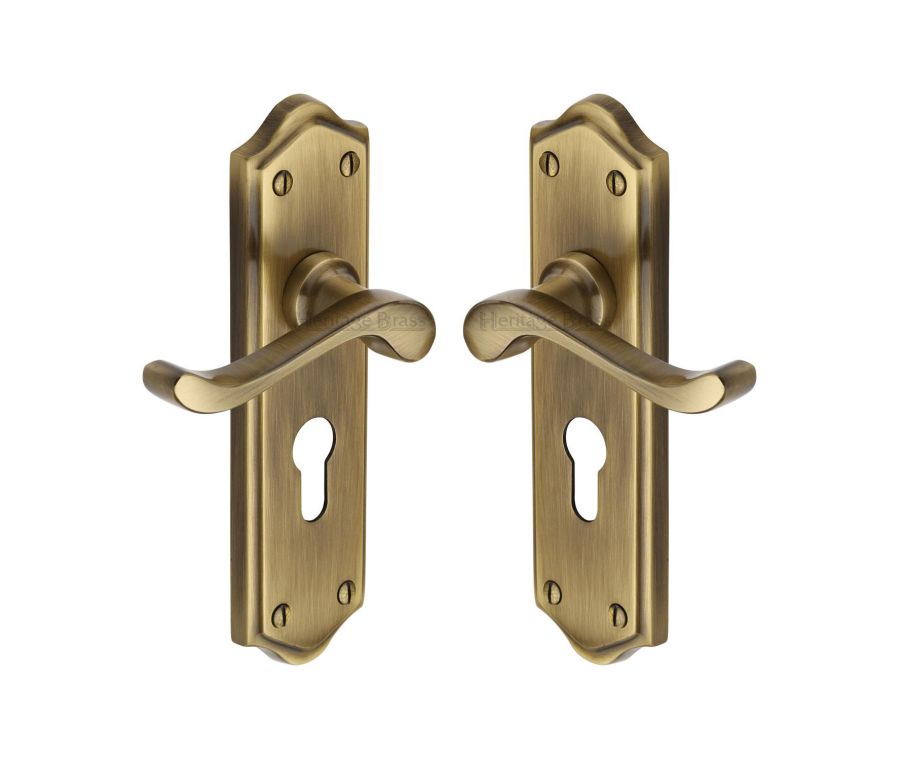 Heritage Brass Antique Brass Buckingham Door Handle on Plate - Euro Profile