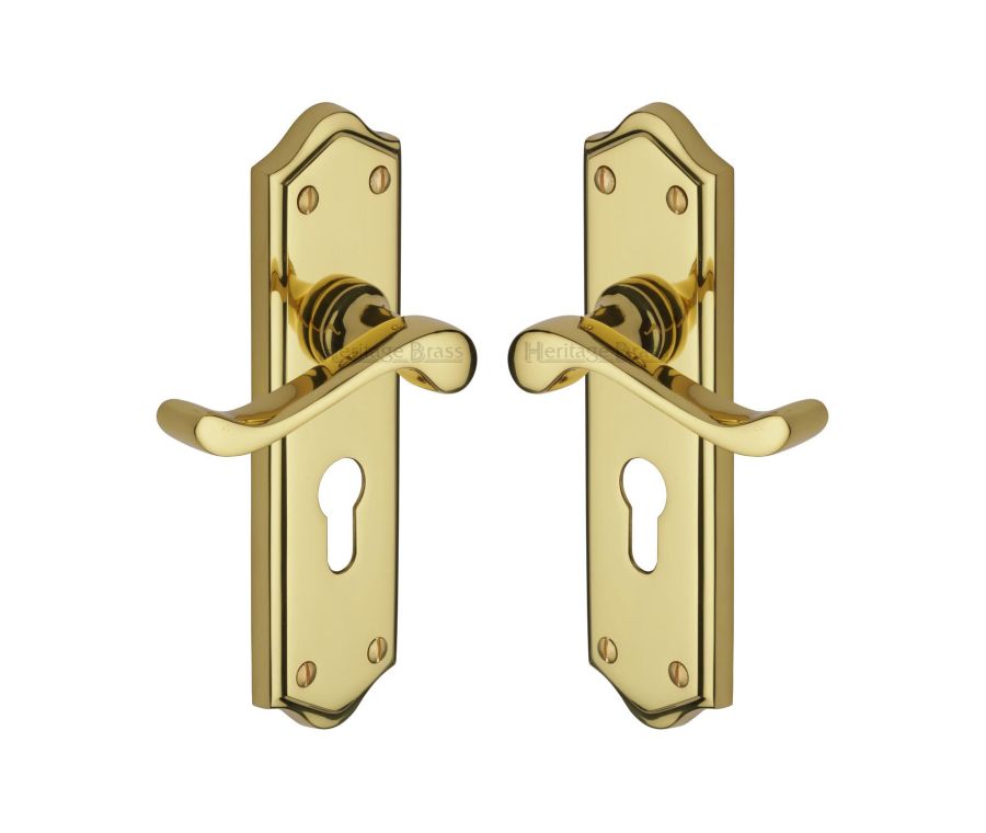 Heritage Brass Polished Brass Buckingham Door Handle on Plate - Euro Profile