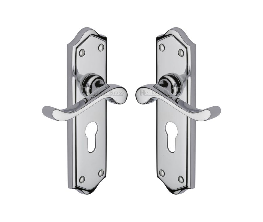 Heritage Brass Polished Chrome Buckingham Door Handle on Plate - Euro Profile
