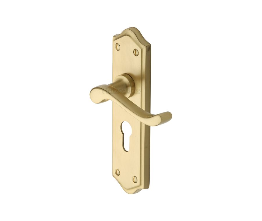Heritage Brass Satin Brass Buckingham Door Handle on Plate - Euro Profile