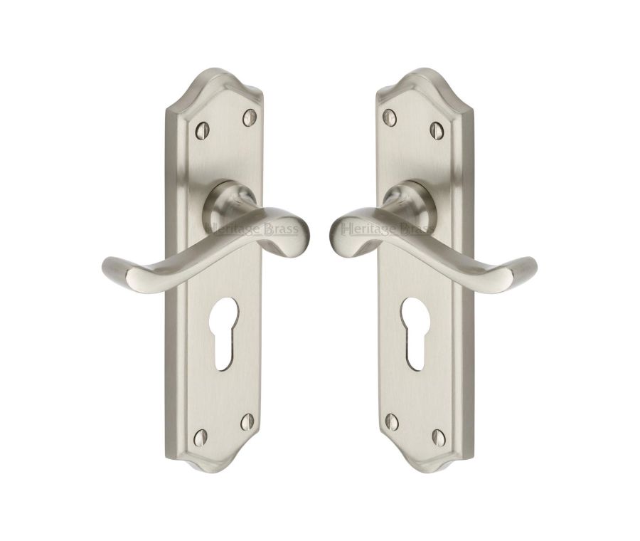 Heritage Brass Satin Nickel Buckingham Door Handle on Plate - Euro Profile