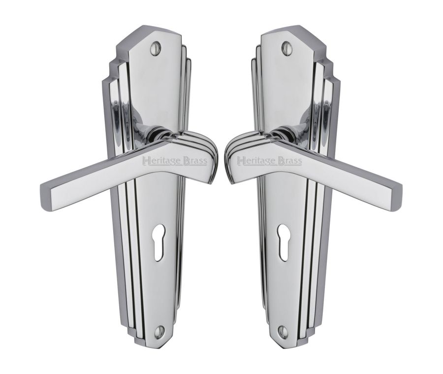 Heritage Brass Polished Chrome Waldorf Door Handle on Plate - Lever Lock
