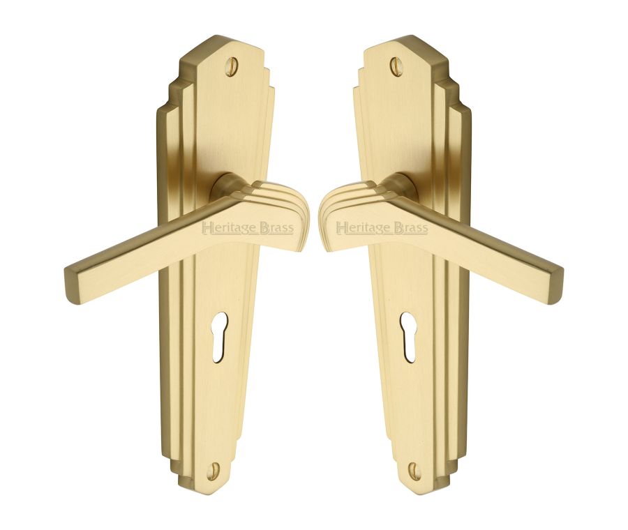 Heritage Brass Satin Brass Waldorf Door Handle on Plate - Lever Lock