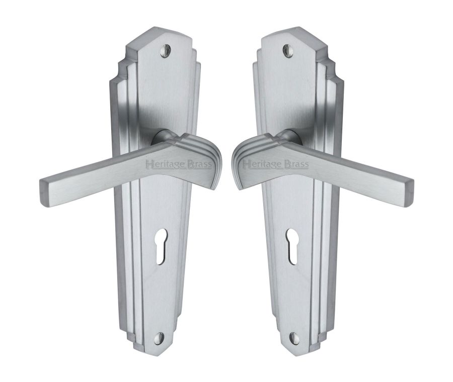 Heritage Brass Satin Chrome Waldorf Door Handle on Plate - Lever Lock