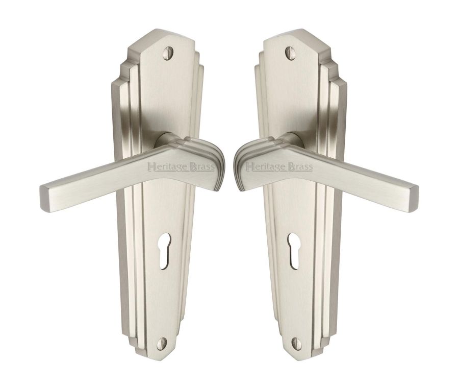 Heritage Brass Satin Nickel Waldorf Door Handle on Plate - Lever Lock