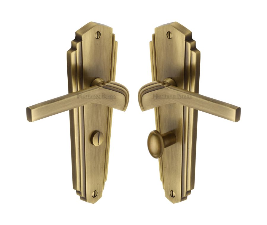 Heritage Brass Antique Brass Waldorf Door Handle on Plate - Bathroom Set