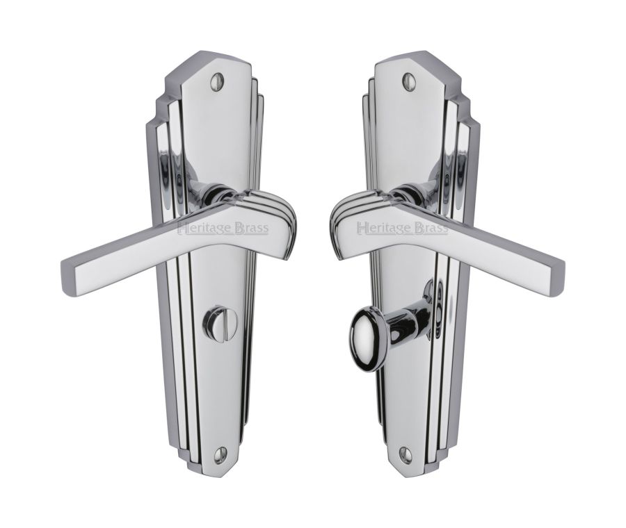Heritage Brass Polished Chrome Waldorf Door Handle on Plate - Bathroom Set