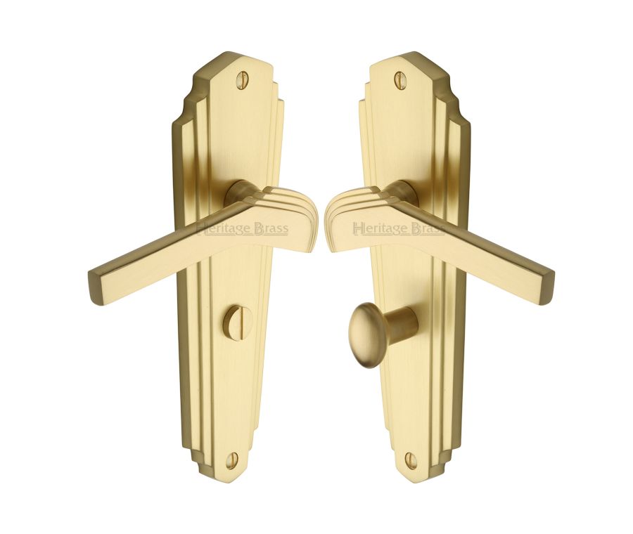 Heritage Brass Satin Brass Waldorf Door Handle on Plate - Bathroom Set