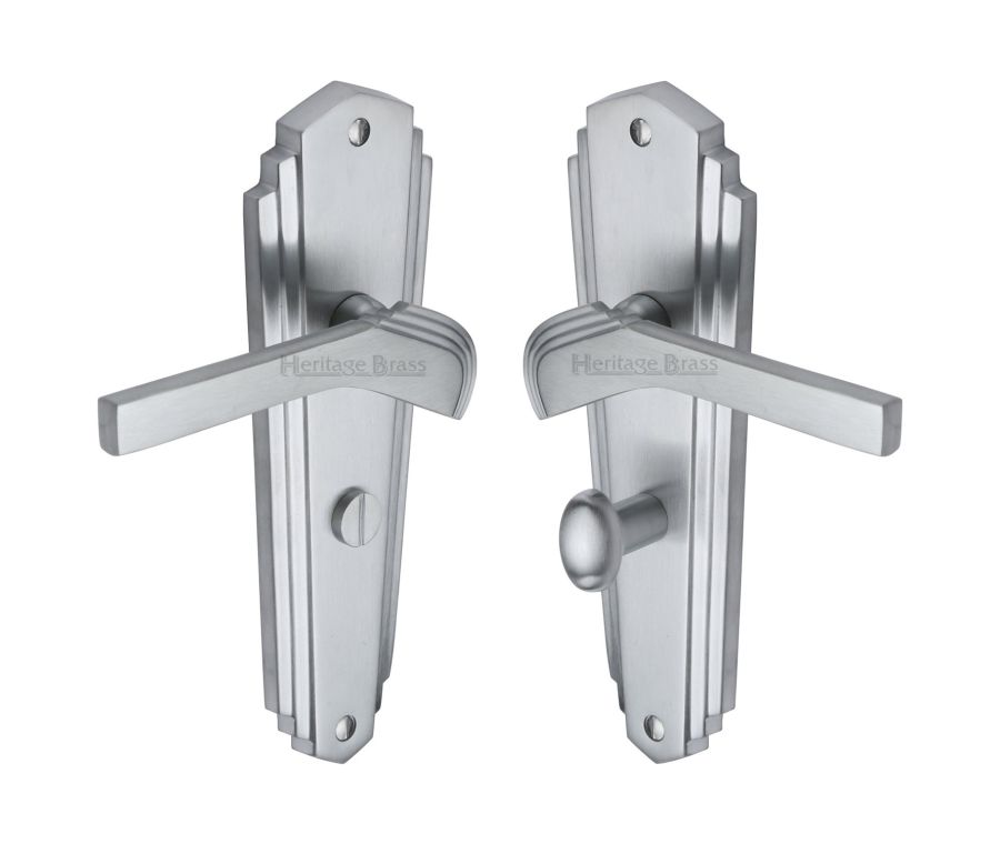 Heritage Brass Satin Chrome Waldorf Door Handle on Plate - Bathroom Set