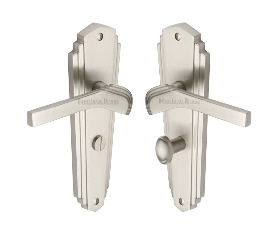 Heritage Brass Satin Nickel Waldorf Door Handle on Plate - Bathroom Set
