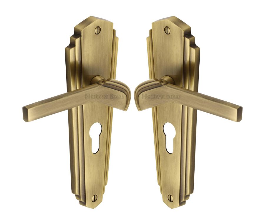 Heritage Brass Antique Brass Waldorf Door Handle on Plate - Euro Profile