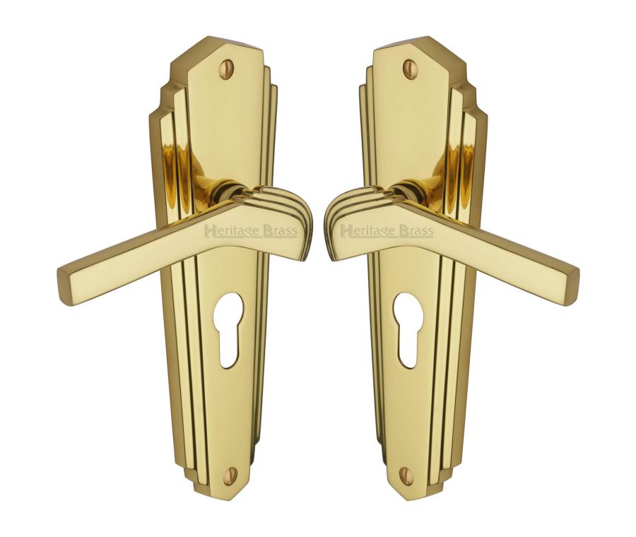 Heritage Brass Polished Brass Waldorf Door Handle on Plate - Euro Profile