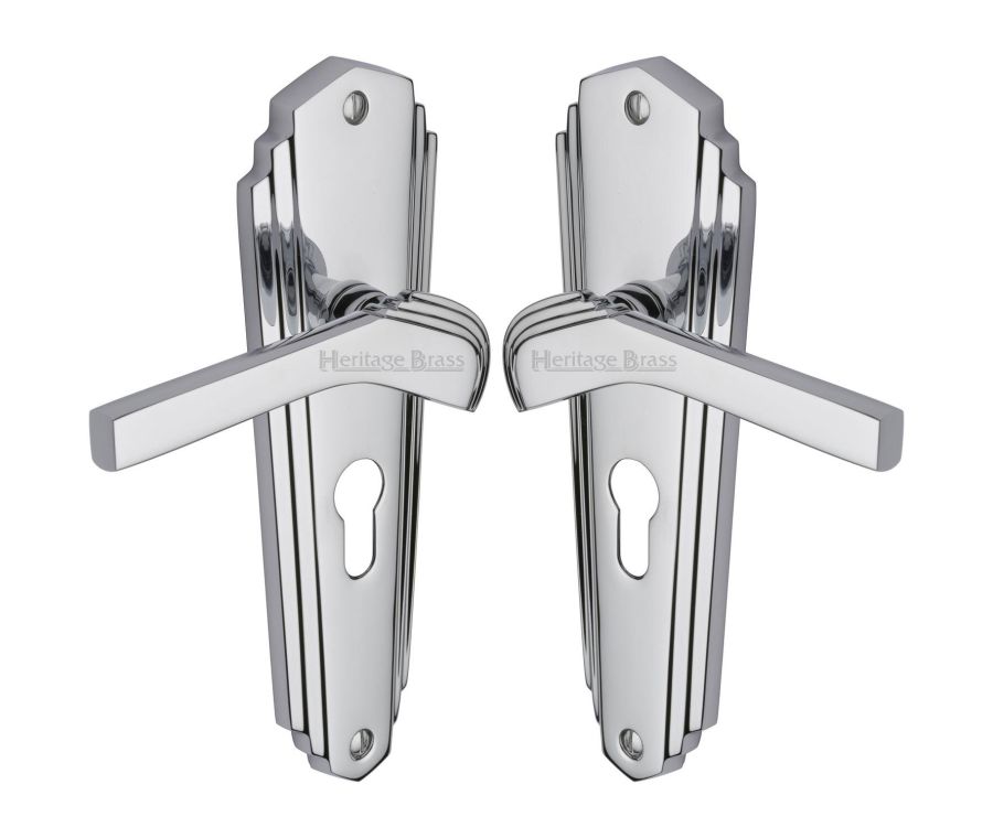 Heritage Brass Polished Chrome Waldorf Door Handle on Plate - Euro Profile