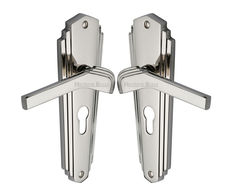 Heritage Brass Polished Nickel Finish Waldorf Door Handle on Plate - Euro Profile