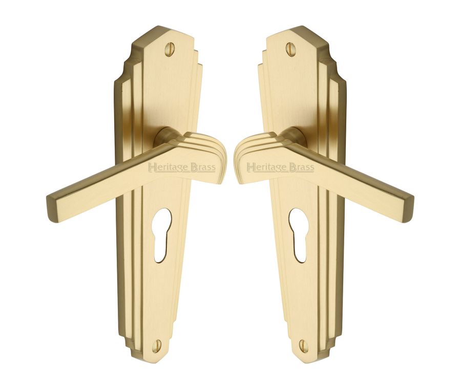 Heritage Brass Satin Brass Waldorf Door Handle on Plate - Euro Profile