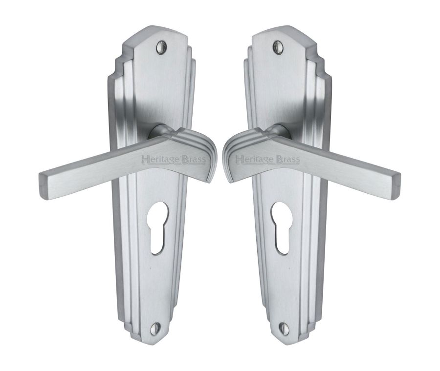 Heritage Brass Satin Chrome Waldorf Door Handle on Plate - Euro Profile