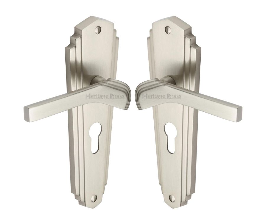 Heritage Brass Satin Nickel Waldorf Door Handle on Plate - Euro Profile