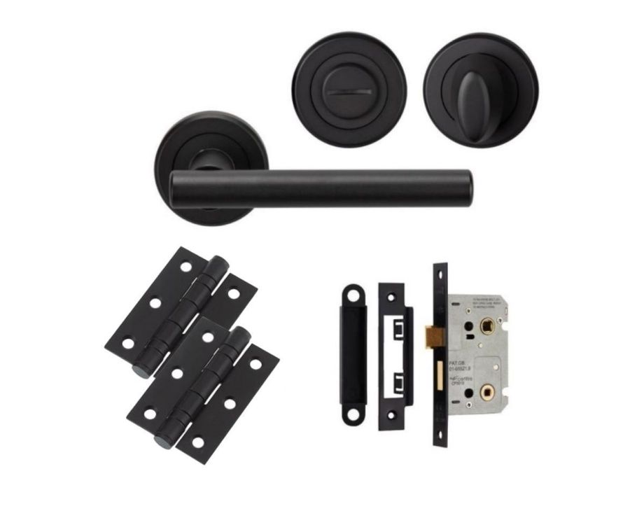 Matt Black Philadelphia Lever Handle Door Kit - Bathroom
