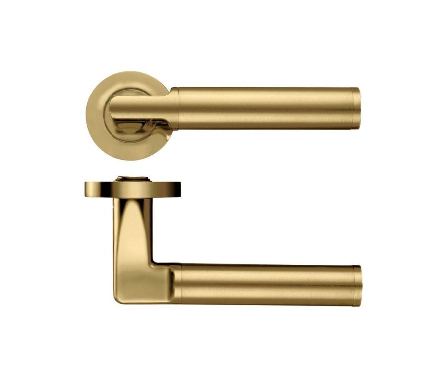 Set Favo Satin Brass Milan Designer Lever on round rose | ZPZ030FSB