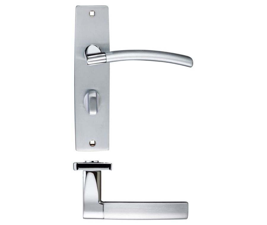 Set Satin Chrome & Polished Chrome Bathroom Lever on backplate