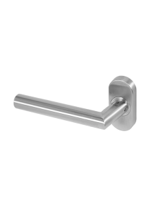 BLU Satin Stainless Steel Centrix Angled Mitred Door Handle on oval rose |  AML085-SSS